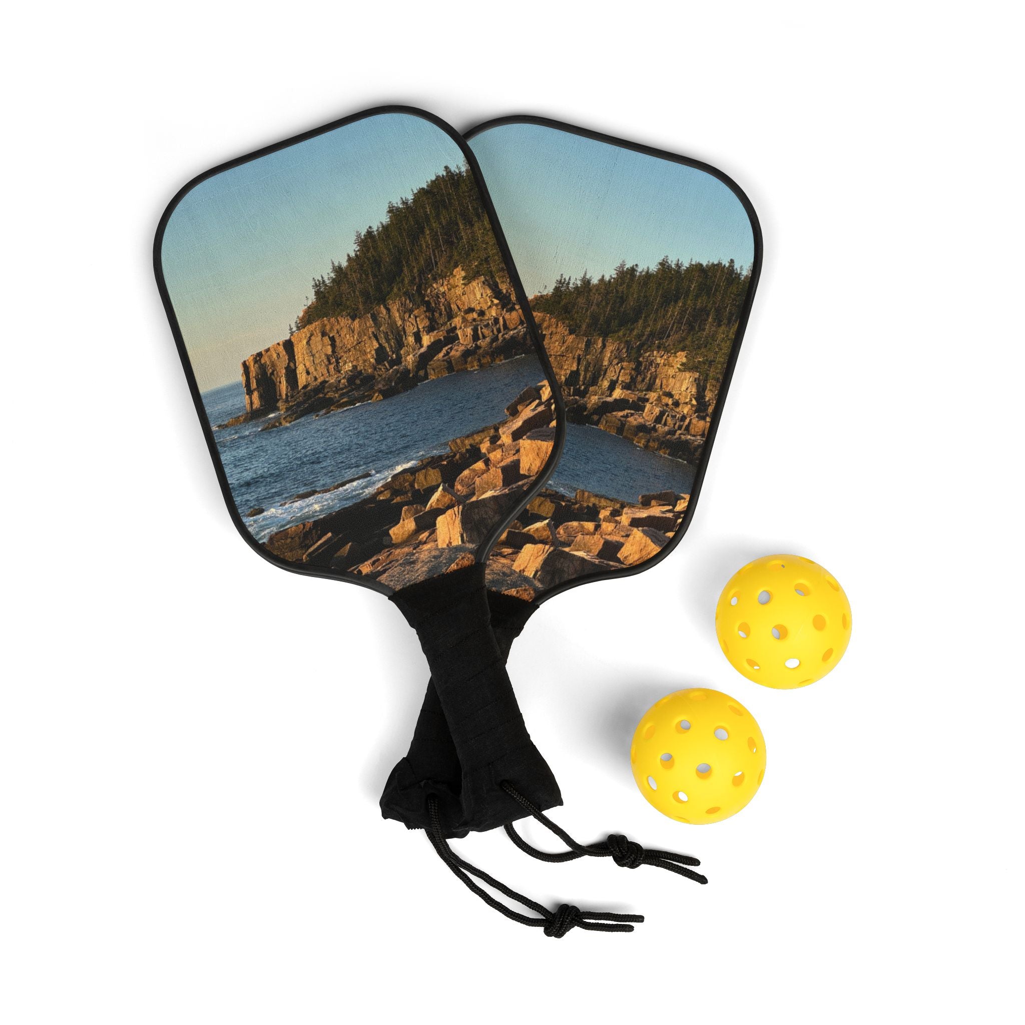 Coastal Cliffs Pickleball Paddle Set — Scenic Ocean Design Kit (2 Paddles + Balls)